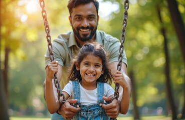 Father pushes his joyful daughter on swing in park. Happy little girl laughs while playing outdoors. Family bond and fun on playground with parent and child.