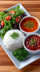 A close-up shot of a plate with a meal including rice, salad, soup, and stew, presented on a wooden table. The food is arranged attractively.