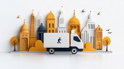 A minimalist illustration of a delivery truck with a city silhouette in the background and birds flying above.