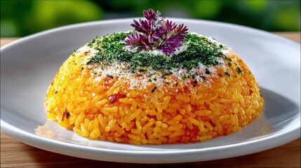 Close-up of a beautifully presented rice dish on a white plate, garnished with herbs and a flower. The rice is yellow and looks delicious.