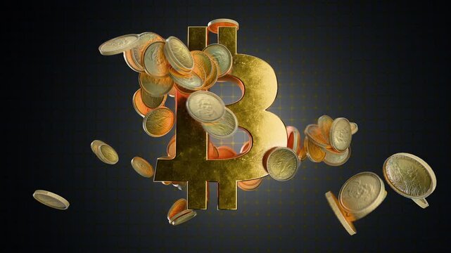 A rotating Bitcoin BTC symbol powerfully collects gold one-dollar coins. The coins are briefly repelled and pushed away, but the currency's magnetic force pulls them back.