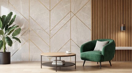 Modern living room interior with green armchair, coffee table, and plant