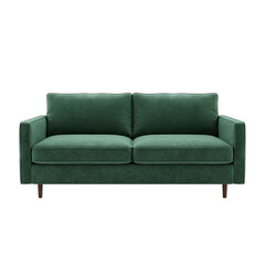 A plush emerald green velvet sofa with textured fabric and minimalist dark wood legs isolated on a plain black background with soft studio lighting emphasizing its elegant design and comfortable