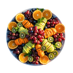 A Platter of Freshly Sliced Fruits Including Oranges Kiwis Grapes and Blueberries Artfully Arranged on a White Plate Top Down View Isolated on Black Background