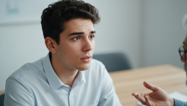 Young Gen Z employee attentively listening attentively listening, absorbing information with interest in office setting for Gen Z career development websites - Powered by Adobe