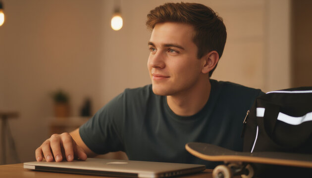 Young man relaxed content looking away anticipating leisure for Gen Z blogs, websites, social media content, and casual lifestyle campaigns