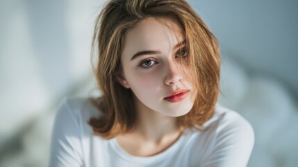 Naklejka premium Serene beauty portrait of a young girl in soft light setting indoors