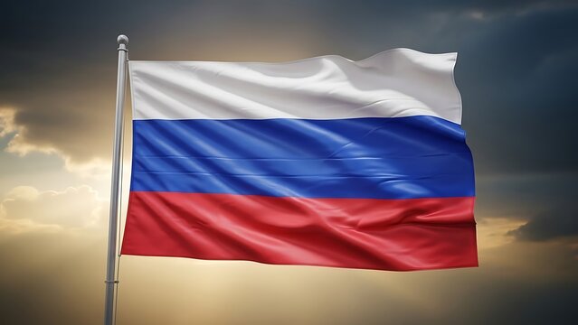 Waving russian federation flag against a dramatic, cloudy sunset sky with sun rays breaking through