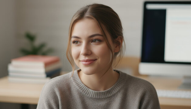 Young woman with soft expression looks aside, concept young woman gen z, for generation z marketing, lifestyle blogs and social media