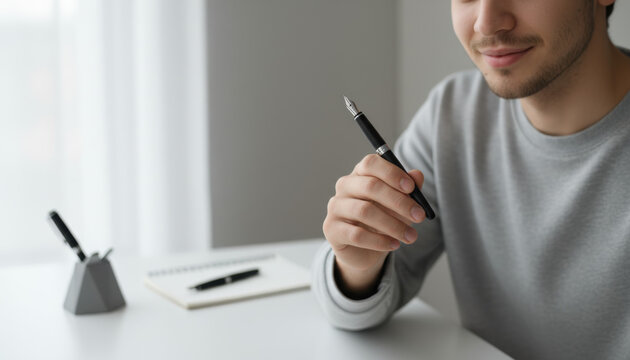 Young man's Gen Z hand holding pen expressing satisfaction with simplicity for blogs, educational websites, Gen Z targeted ads, and content about simple living