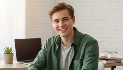 Young man smiling confidently at camera in workspace setting, Gen Z lifestyle for business blogs, websites, education content and marketing campaigns