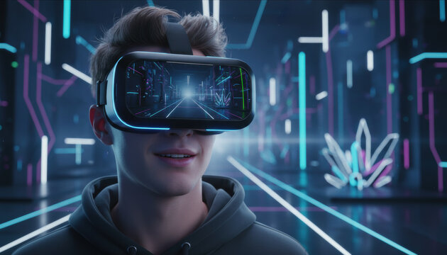 Young man Gen Z stylish VR goggles face reflects immersion virtual reality concept for technology blogs, gaming websites, metaverse marketing, and Gen Z tech product ads