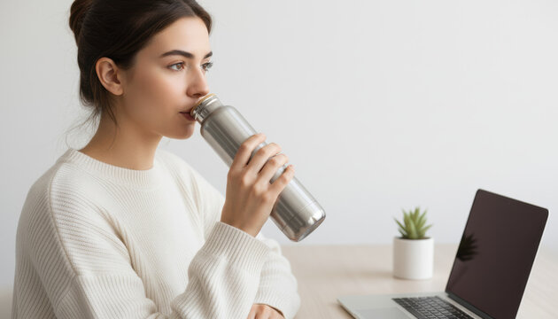 Young woman drinks water with a serene expression from reusable bottle at clean desk for hydration blogs, health websites and lifestyle content