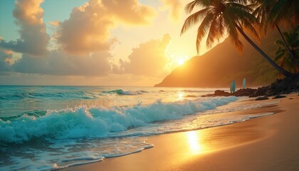 Golden sunset paints ocean waves on sandy beach near palm trees and mountains. Surfboards stand ready for waves. Paradise island calm shore.