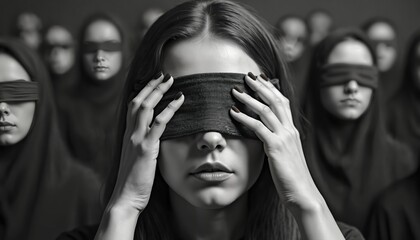 Illustration shows woman with blindfold surrounded by blurred figures. It symbolizes ignorance unseen perspective, lack of knowledge. Image evokes feelings of mystery, controlled influence in society.