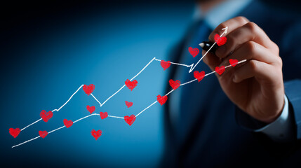Businessman drawing an upward trend chart with red heart data points on a glass board, concept of love and corporate growth