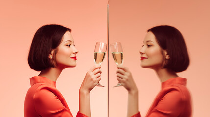 Woman confidently holding her champagne glass in the mirror's reflection, concept of self-love and solo celebration