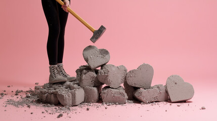 Woman holding sledgehammer standing beside pile of gray concrete rubble shaped like broken hearts, concept of destruction and emotional strength
