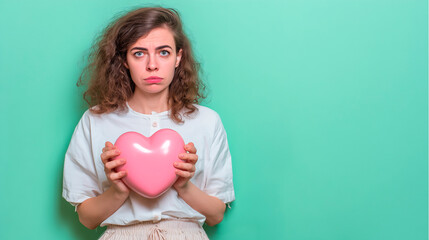 Tired woman holding a pink heart, concept of emotional energy and renewal of love