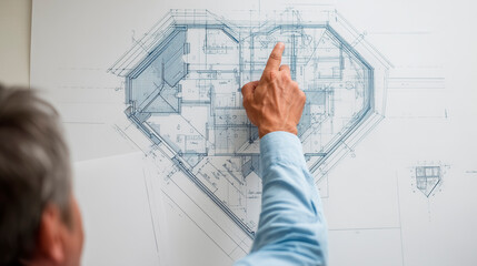 Architect pointing to a blue plan of a heart-shaped house, concept of love in design