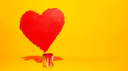 A large red heart painted on a yellow wall, with paint on the floor, representing the concept of love and teamwork