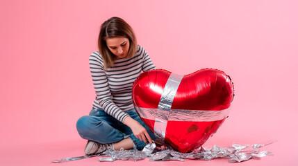 Woman repairing a broken helium heart with silver tape, concept of emotional healing and loving resilience