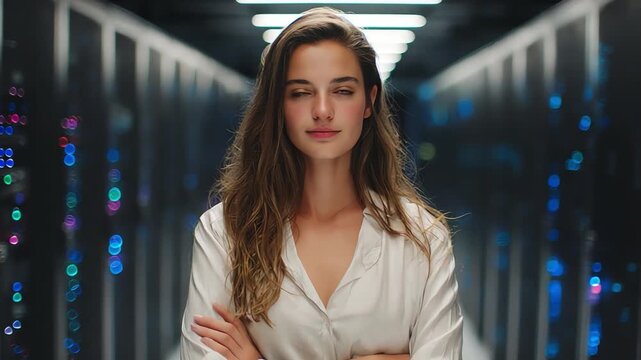 Data-Driven Serenity: A poised individual, bathed in the soft glow of data servers, exudes tranquility and focus. The environment suggests digital proficiency and a calm state of mind.