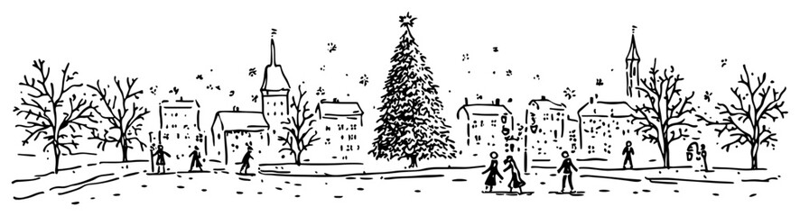 Hand drawn winter city park scene with large decorated Christmas tree people walking and snowfall – vector illustration
