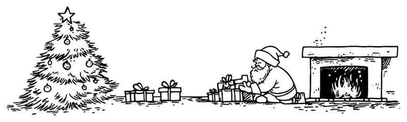 Hand drawn Santa placing gifts around Christmas tree beside fireplace – vector illustration