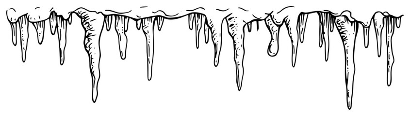 Hand-Drawn Icicles Border Dripping with Winter Frost – Black & White Vector Illustration