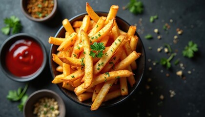 Bowl of crispy golden french fries with chopped parsley. Side of tomato ketchup sauce and spice mix are on dark table. Delicious potato snack.