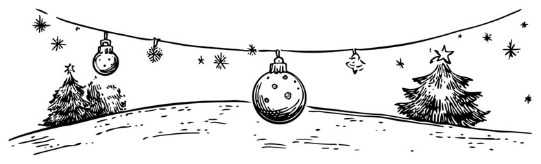 Hand-drawn Christmas banner with hanging bauble ornaments snowy hill and fir trees – vector illustration