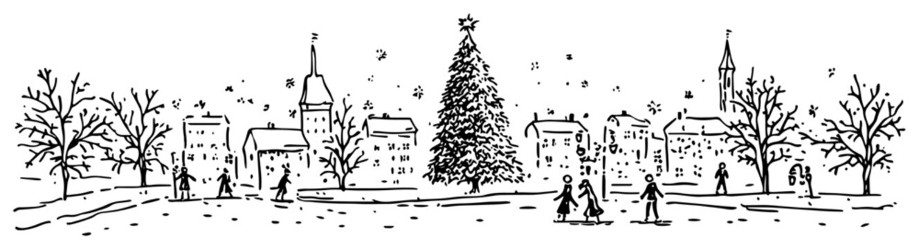 Hand drawn winter city park scene with large decorated Christmas tree people walking and snowfall &ndash; vector illustration