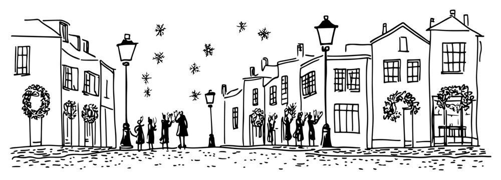 Hand drawn Victorian town street scene with Christmas wreaths lampposts carolers and falling snowflakes &ndash; vector illustration