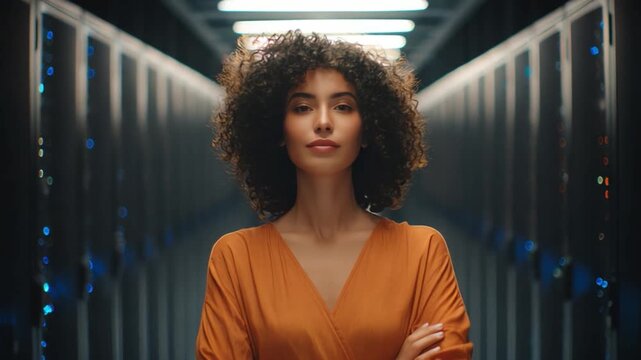 Visionary in Data Center: A woman, standing resolute in a high-tech data center, embodies confidence and expertise, signifying innovation and digital progress.