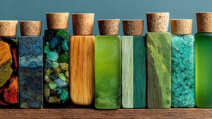 Colorful bottles with cork stoppers aligned on a wooden surface