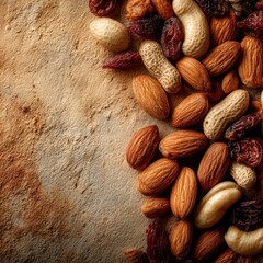 Assorted nuts and dried fruit on a textured, neutral-toned surface