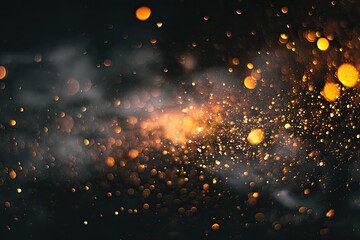 Abstract dark background with shimmering bokeh effect and golden light particles, dreamy and magical