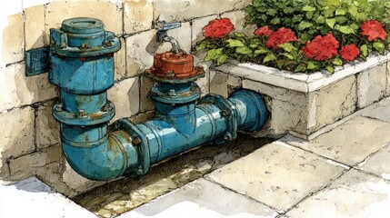 Watercolor of weathered blue pipe system with faucet & red flowers