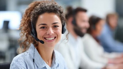 Customer Service Smiles: A close-up shot of a customer service representative radiates warmth and approachability, exuding confidence and professionalism in a dynamic work environment.