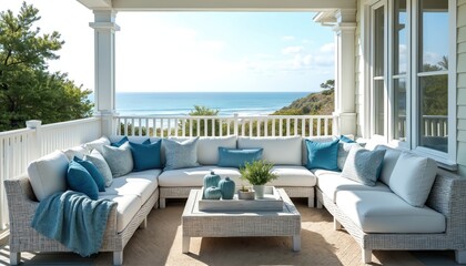 Obraz premium White sectional sofa with blue pillows sits on a coastal porch with ocean views. Relaxing outdoor living space invites calm and comfort. Modern home decor features bright, airy style.