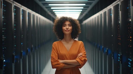 Server Room Confident Woman: A skilled woman stands confidently in a server room, radiating expertise and control amidst the data-filled environment.