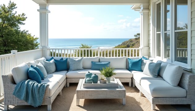 White sectional sofa with blue pillows sits on a coastal porch with ocean views. Relaxing outdoor living space invites calm and comfort. Modern home decor features bright, airy style.