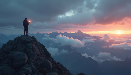 Lone man stands on mountain top at sunset. He holds bright glowing orb in his hand. Clouds float below him like vast sea. Sky shows orange, blue colors, evoking future discovery, success, achievement.