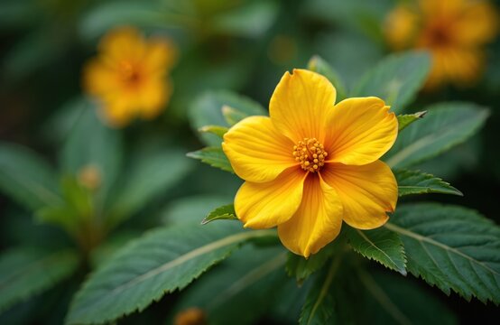 Bright yellow Burma padauk flower blooms in a garden. Petals unfurl revealing center with pollen grains. Green leaves surround blossom. Nature detail.