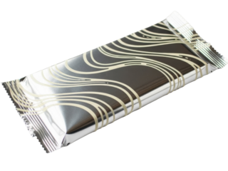 Silver chocolate bar wrapper featuring creamy flowing patterns white background
