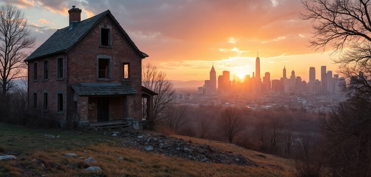 Old abandoned brick house stands solitary on hill, overlooking vibrant modern city skyline at beautiful sunset. Golden sun casts warm orange light over urban landscape. Evocative scene contrasts
