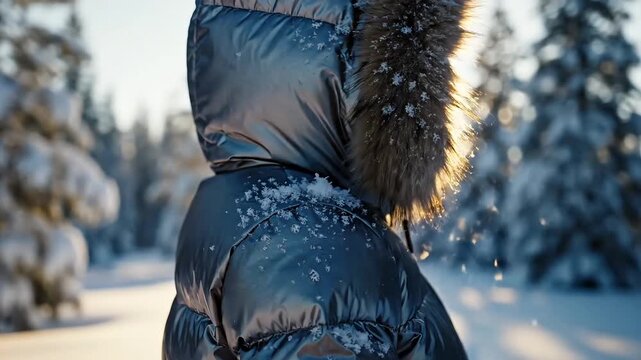 Person in a warm winter jacket enjoying the sunset in a snowy forest.