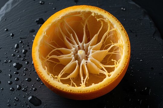 Stripped-down orange half reveals intricate xylem vascular network, a natural fractal structure against a dark, wet background. Photo in Bio-Art style