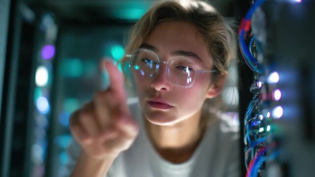 Tech Savvy: An expert analyzes a server, her glasses reflecting the glow of intricate wires, symbolizing the cutting edge of technological innovation. 